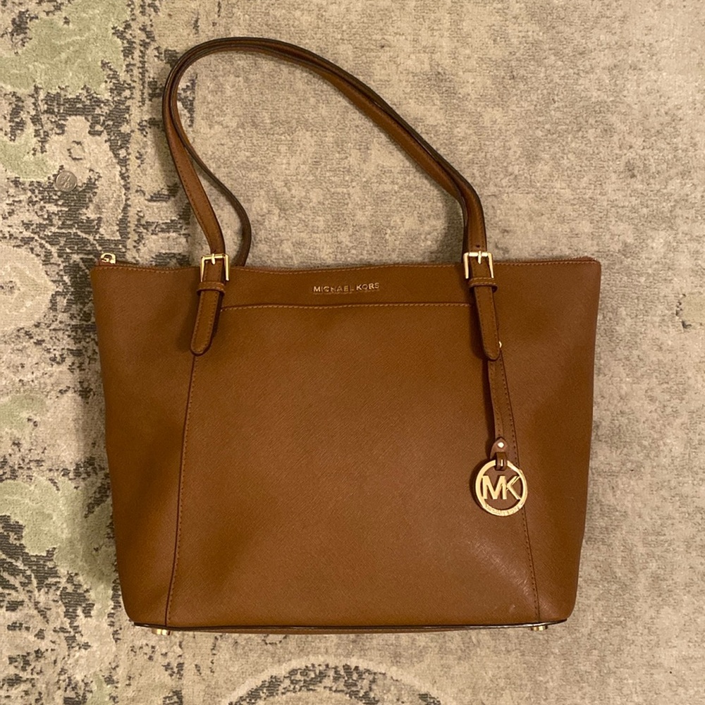 Michael Kors Large Saffiano Leather Top-Zip Tote Bag Brown